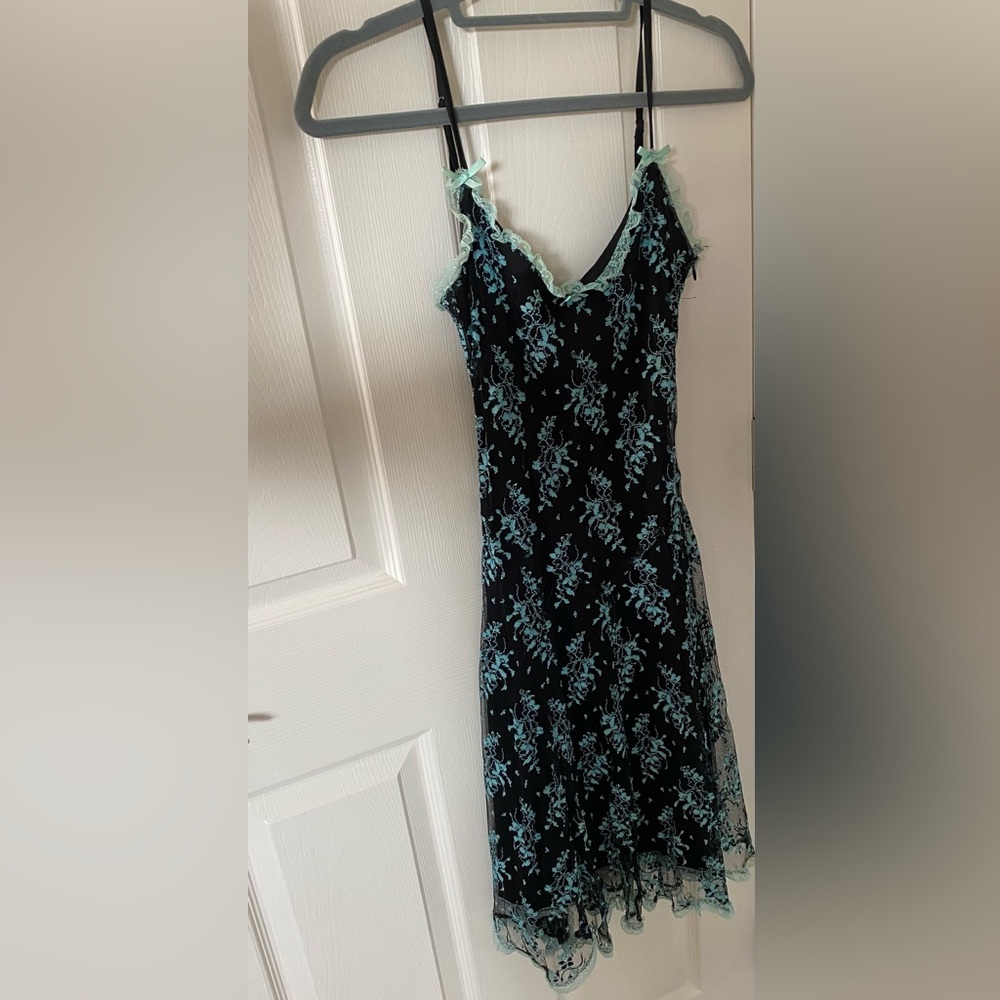 Betsy Johnson Black with light blue flowers. Lace, size 6.